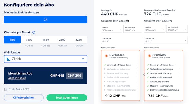 Vergleich von Auto-Abo (links) und Leasing Angebot mit All-in-one Premium (rechts) zeigt den finanziellen Vorteil vom Auto im Abo. (Bild: Screenshot Carvolution und Leasing Angebot der Migros Bank)