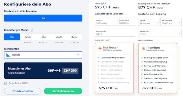 Vergleicht man das Auto-Abo und das Leasing mit derselben Flexibilität von einer Laufzeit von 24 Monaten, so wird der Preisvorteil vom Auto-Abo Konzept noch deutlicher.