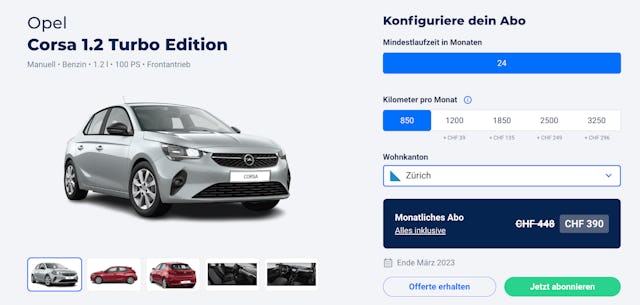 Das fast identische Auto allerdings im Abo gibt es für 390 Franken pro Monat. Die Kosten sind tiefer und die Flexibilität höher.