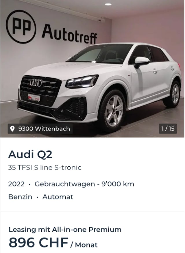 Online Leasing Angebot für eine Dauer von drei Jahren 639 Franken pro Monat. Mit All-in-one Leasing betragen die Kosten 896 Franken pro Monat. Im Gegensatz zum Audi Q2 im Abo handelt es sich bei diesem Beispiel nicht um einen Neuwagen, sondern ein Fahrzeug mit rund 9’000 Kilometern. Die Auslieferung des Autos im Migros Leasing ist gratis. (Bild: Screenshot Leasing Angebot der Migros Bank)