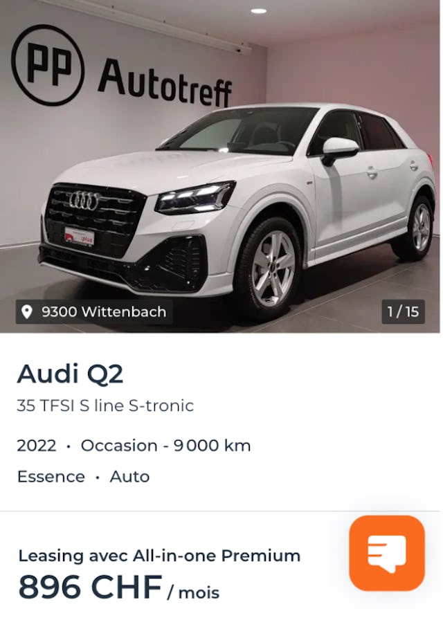 Offre de leasing en ligne pour une durée de trois ans à 639 francs par mois. Avec le leasing tout All-in-one, les coûts s'élèvent à 896 francs par mois. Contrairement à l'Audi Q2 en abonnement, il ne s'agit pas dans cet exemple d'une voiture neuve, mais d'une voiture ayant parcouru environ 9'000 kilomètres. La livraison de la voiture en leasing Migros est gratuite. (Image: capture d'écran de l'offre de leasing de la Banque Migros)