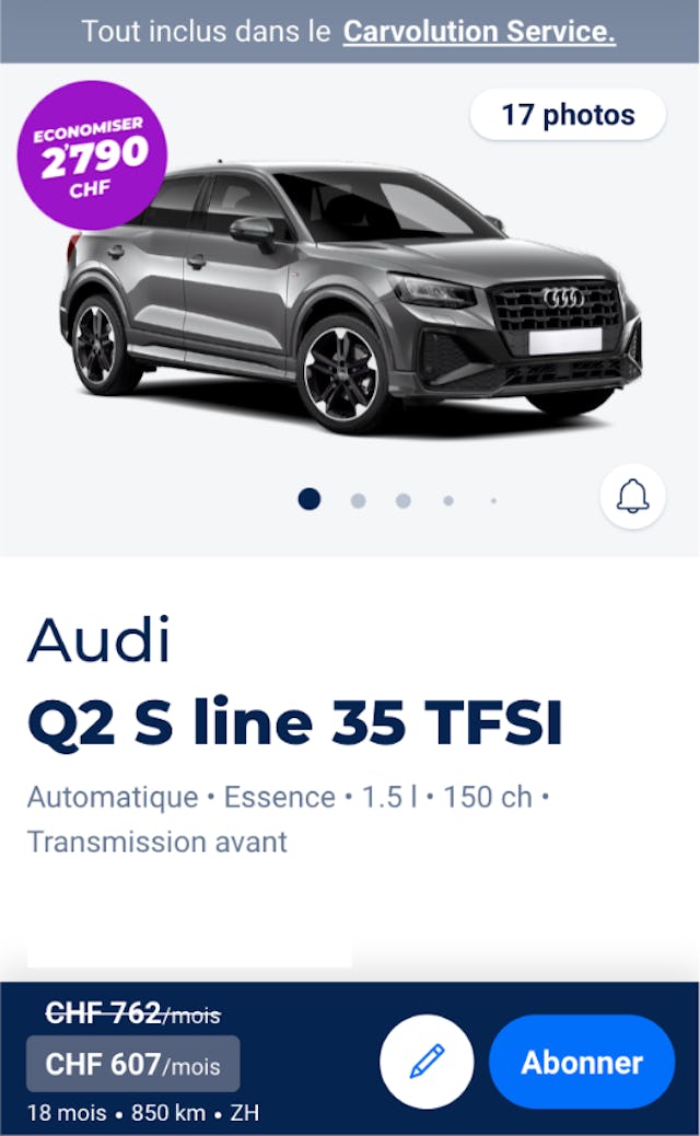 La voiture presque identique, mais en abonnement, est disponible pour 607 francs par mois. Les coûts sont plus bas et la flexibilité plus grande.