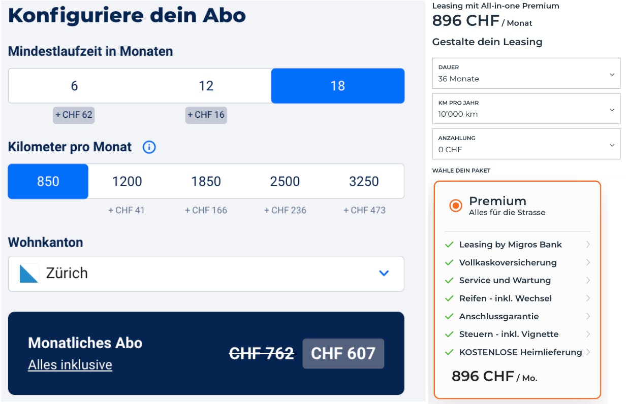 Vergleich von Auto-Abo (links) und All-in-one Premium (rechts) zeigt den finanziellen Vorteil vom Auto im Abo. (Bild: Screenshot Carvolution und Leasi...