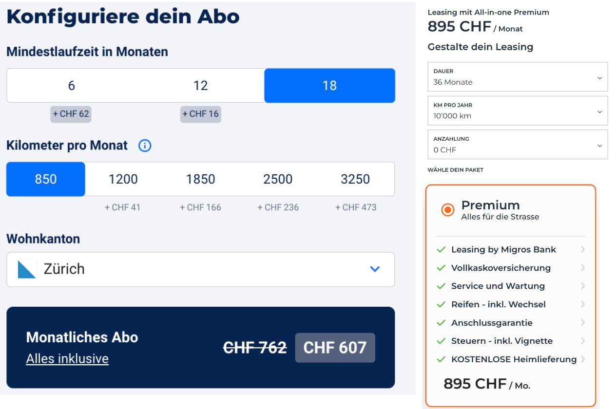 Vergleich von Auto-Abo (links) und All-in-one Premium (rechts) zeigt den finanziellen Vorteil vom Auto im Abo. (Bild: Screenshot Carvolution und Leasi...