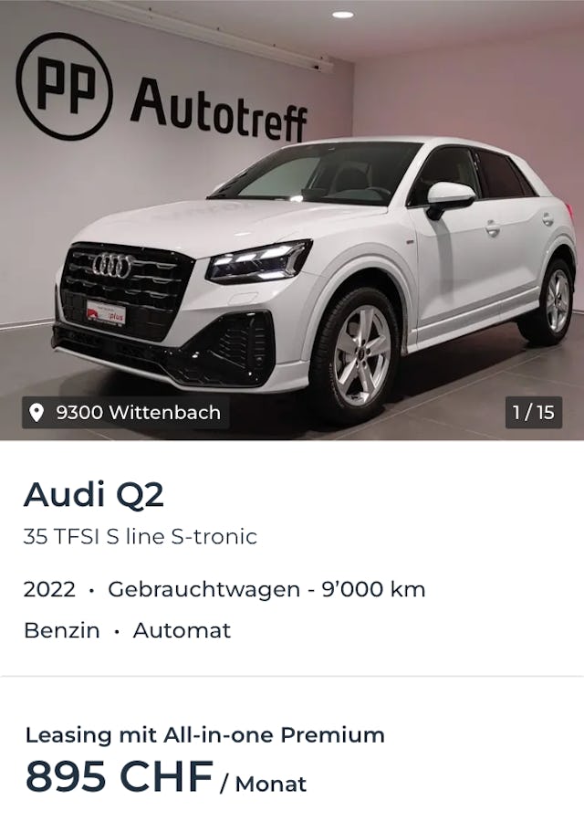 Online Leasing Angebot für eine Dauer von drei Jahren 638 Franken pro Monat. Mit All-in-one Leasing betragen die Kosten 895 Franken pro Monat. Im Gegensatz zum Audi Q2 im Abo handelt es sich bei diesem Beispiel nicht um einen Neuwagen, sondern ein Fahrzeug mit rund 9’000 Kilometern. Die Auslieferung des Autos im Migros Leasing ist gratis. (Bild: Screenshot Leasing Angebot der Migros Bank) Online Leasing Angebot für eine Dauer von drei Jahren 638 Franken pro Monat. Mit All-in-one Leasing betragen die Kosten 895 Franken pro Monat. Im Gegensatz zum Audi Q2 im Abo handelt es sich bei diesem Beispiel nicht um einen Neuwagen, sondern ein Fahrzeug mit rund 9’000 Kilometern. Die Auslieferung des Autos im Migros Leasing ist gratis. (Bild: Screenshot Leasing Angebot der Migros Bank)