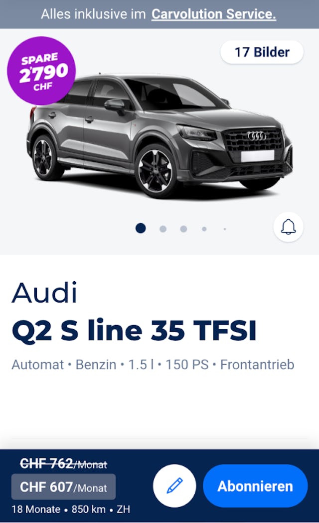 Das fast identische Auto, allerdings im Abo, gibt es für 607 Franken / Monat. Die Kosten sind tiefer und die Flexibilität höher. Das fast identische Auto, allerdings im Abo, gibt es für 607 Franken / Monat. Die Kosten sind tiefer und die Flexibilität höher.