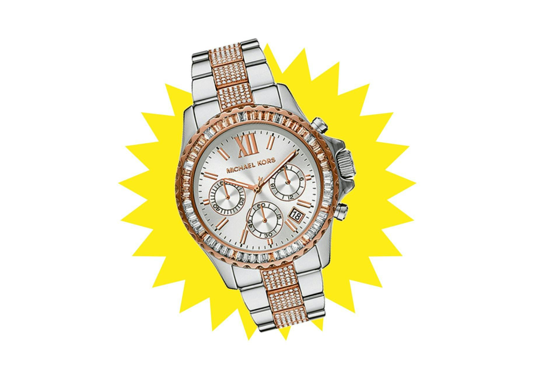 Grimper avec style: chronographe en acier inoxydable Michael Kors, 379 francs, chez Christm Montres & Bijoux.