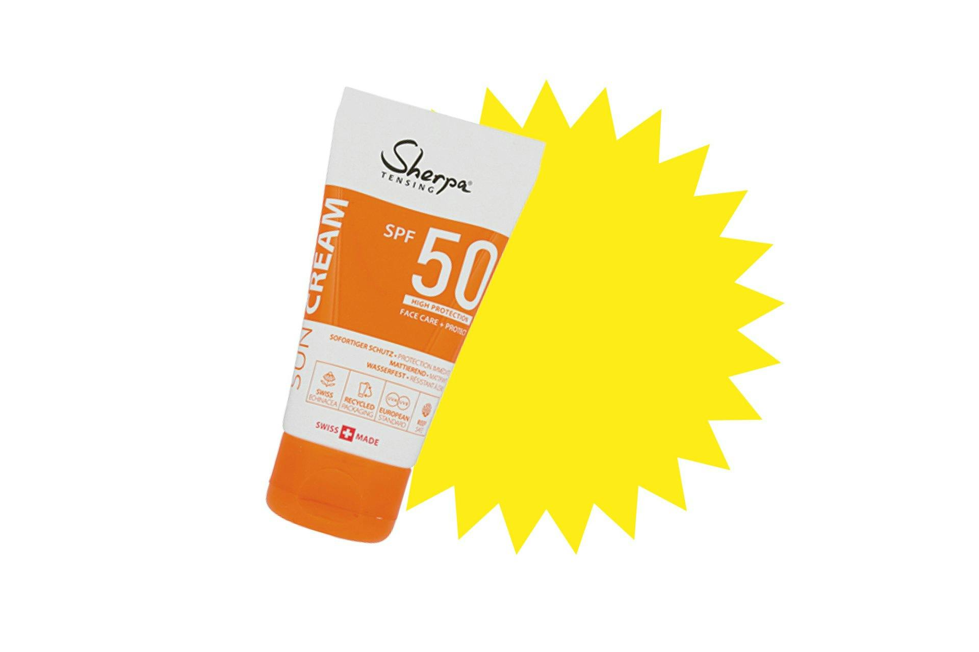 Haute montagne = haute protection: lait solaire Sherpa Tensing IP 50, 10.95 francs / 50 ml, chez Coop.