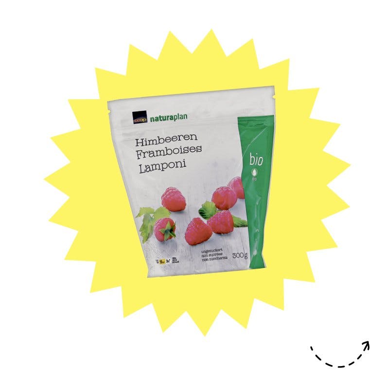Comme garniture: framboises bio Naturaplan, surgelées, 5 fr. 95 / 300 g, chez Coop.