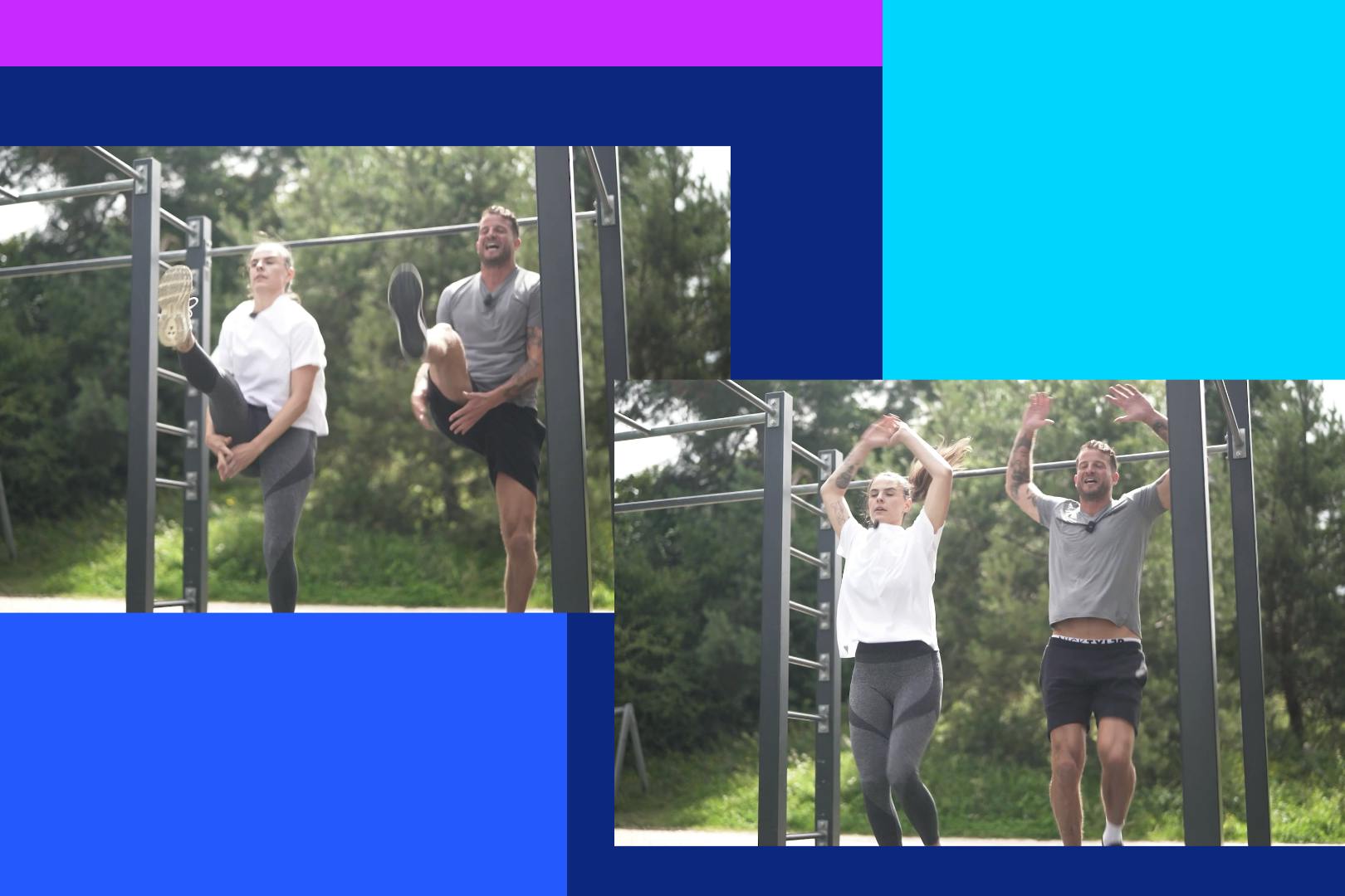 Con i Frontkicks migliora l’equilibrio e si allenano il busto, i glutei e la muscolatura delle cosce. Non dimenticatevi di sorridere!