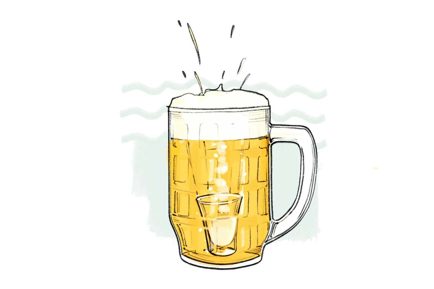 U come U-Boot: cocktail popolare in molte parti d'Europa, in cui un bicchiere da shot riempito con acquavite viene lentamente affondato in un grande b...