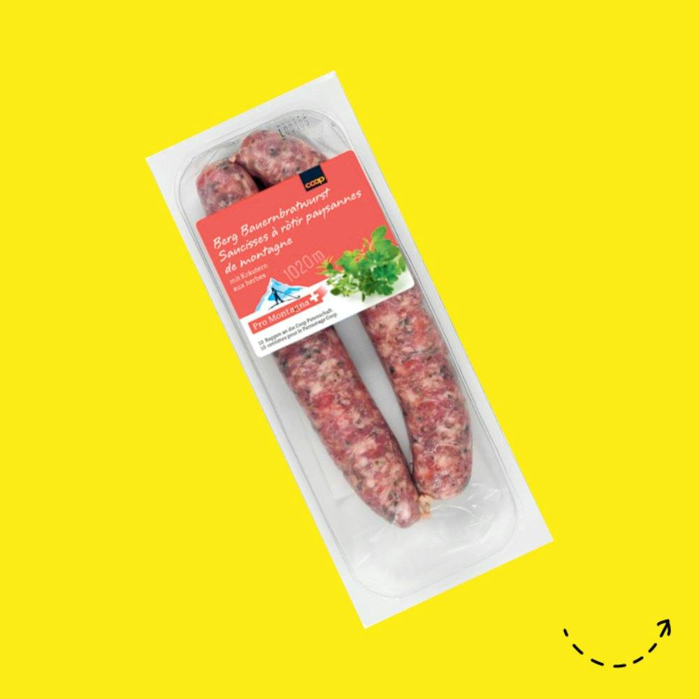 È del contadino: salsicce del contadino con erbe, Pro Montagna, 6 fr. 95 / 2 pezzi, da Coop.