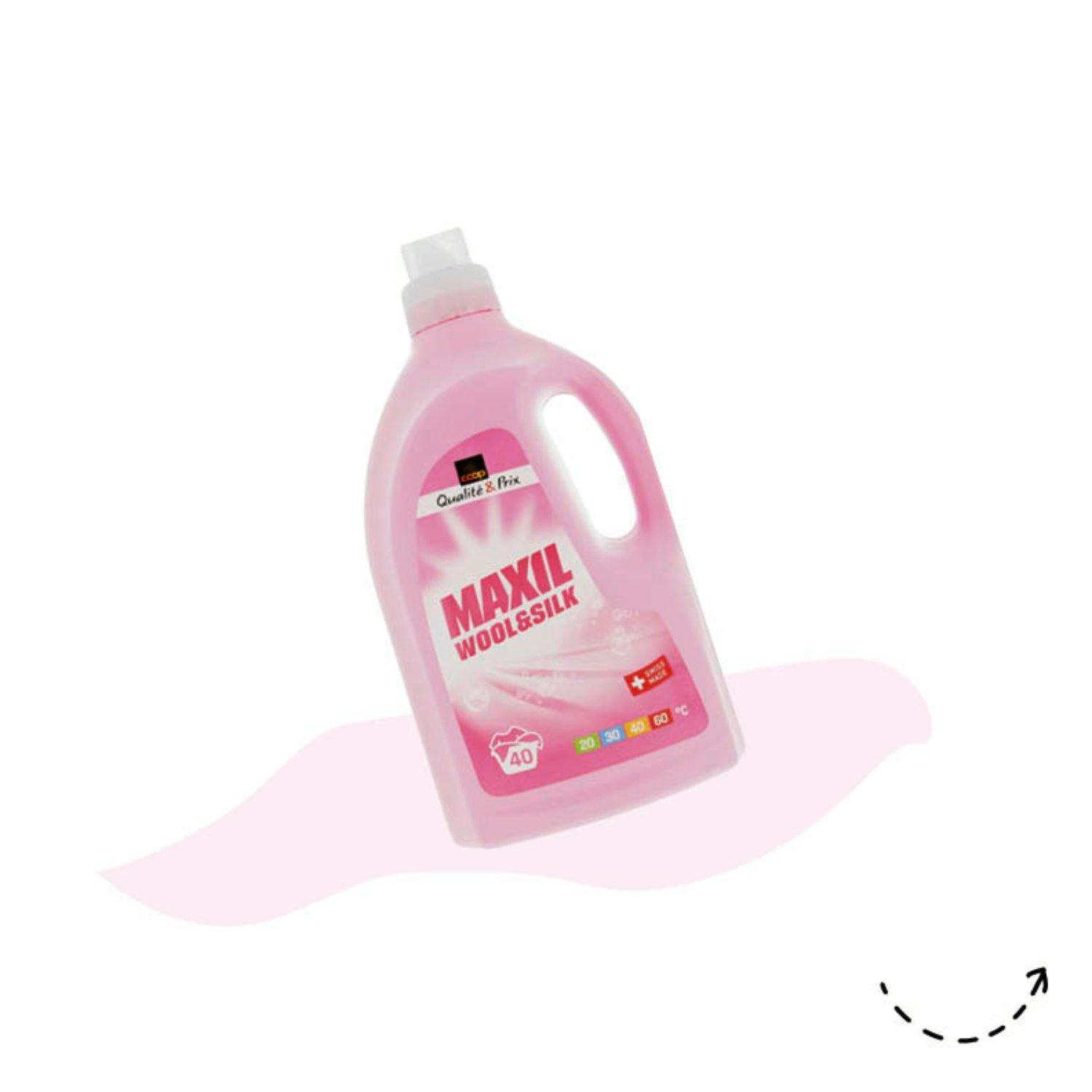 Lavage délicat: lessive laine et soie Maxil, 40 lavages, 9 fr. 95 / 2 l, chez Coop.
