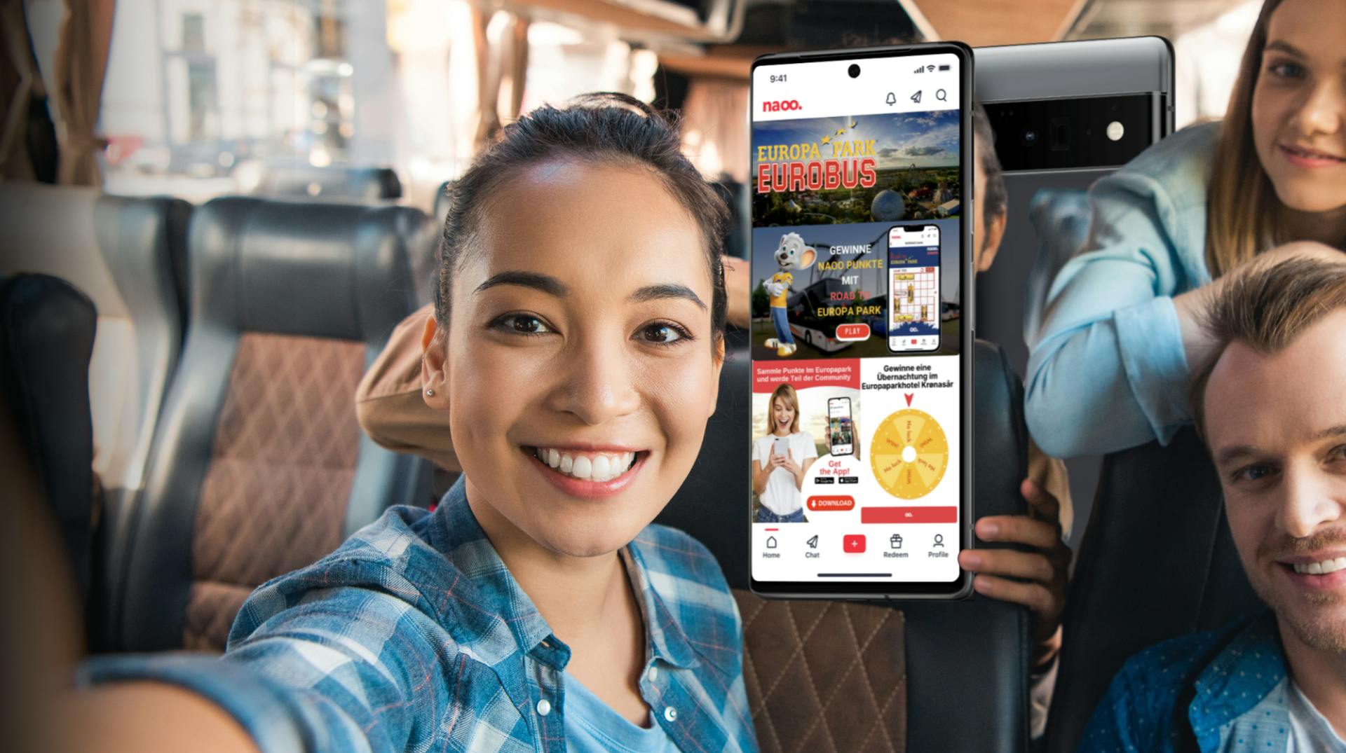 Partage ton voyage en bus et ta visite du parc sur l'application naoo.