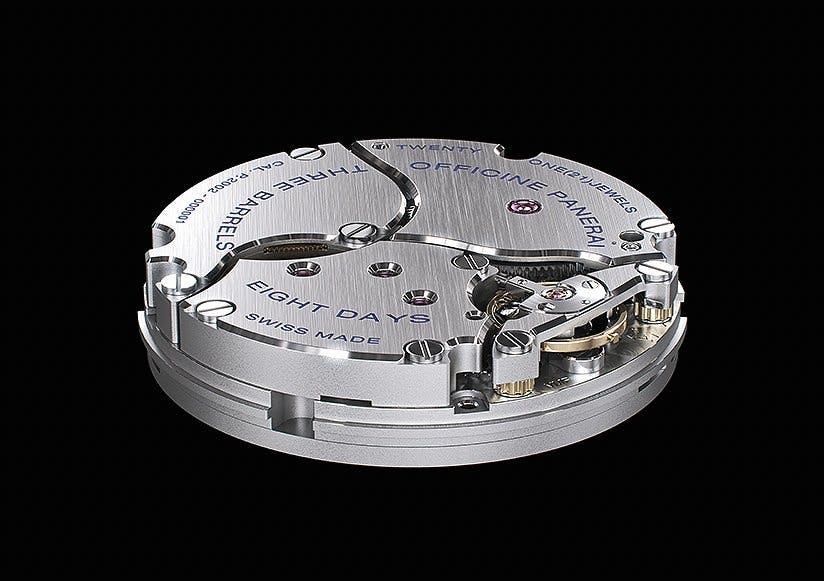 2005: Panerai enthüllt sein erstes Manufakturwerk, das P.2002 mit zweiter Zeitzone, acht Tagen Gangautonomie und Handaufzug.