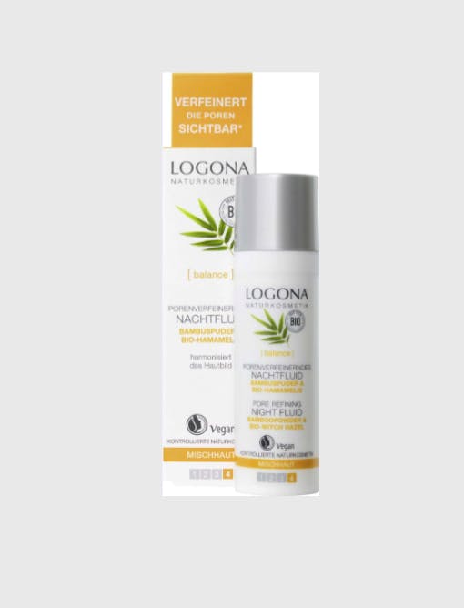 Porenverfeinerndes Nachtfluid von Logona reguliert die Talproduktion mit Hamamelis-Extrakt, Fr. 17.- über ecco-verde.ch.