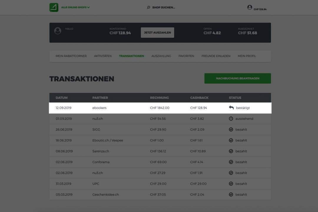 Der Cashback wird dir nach Abschluss des Einkaufs in Form von Bargeld gutgeschrieben.