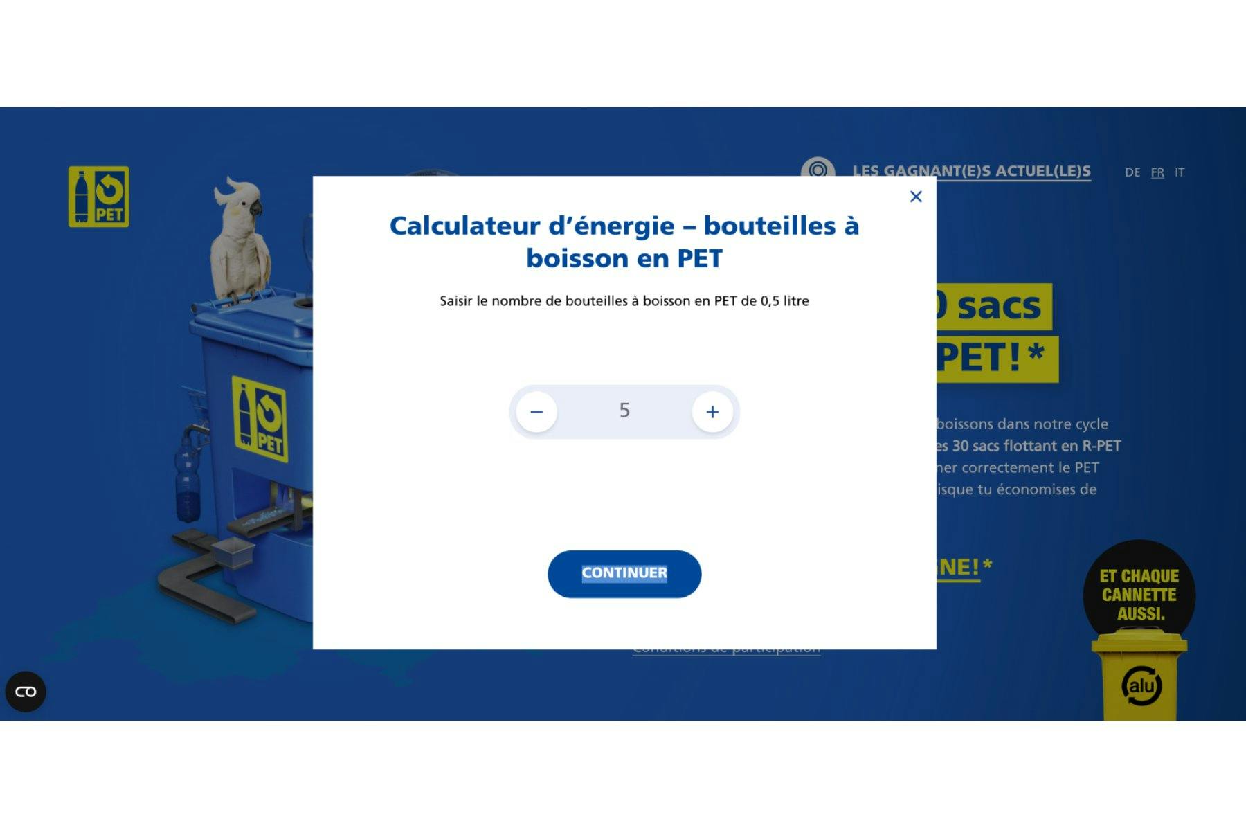 Le calculateur d’énergie est très simple à utiliser! Il te suffit d’entrer le nombre de bouteilles en PET que tu as recyclées...