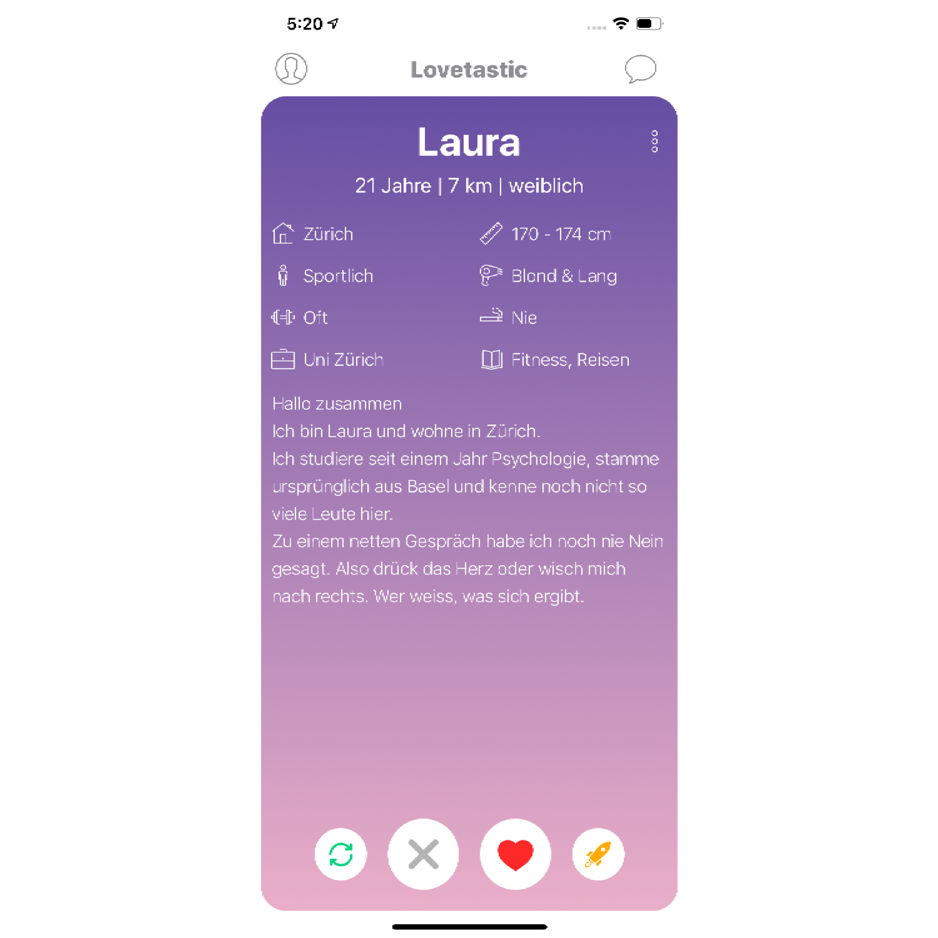 So sehen Profile auf Lovetastic aus: Kein Foto, dafür wichtige Informationen über die Personen.