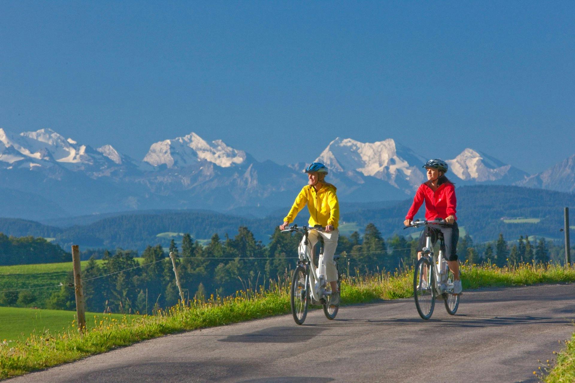 Geniesse auf der Tour die Aussicht auf die Alpen.