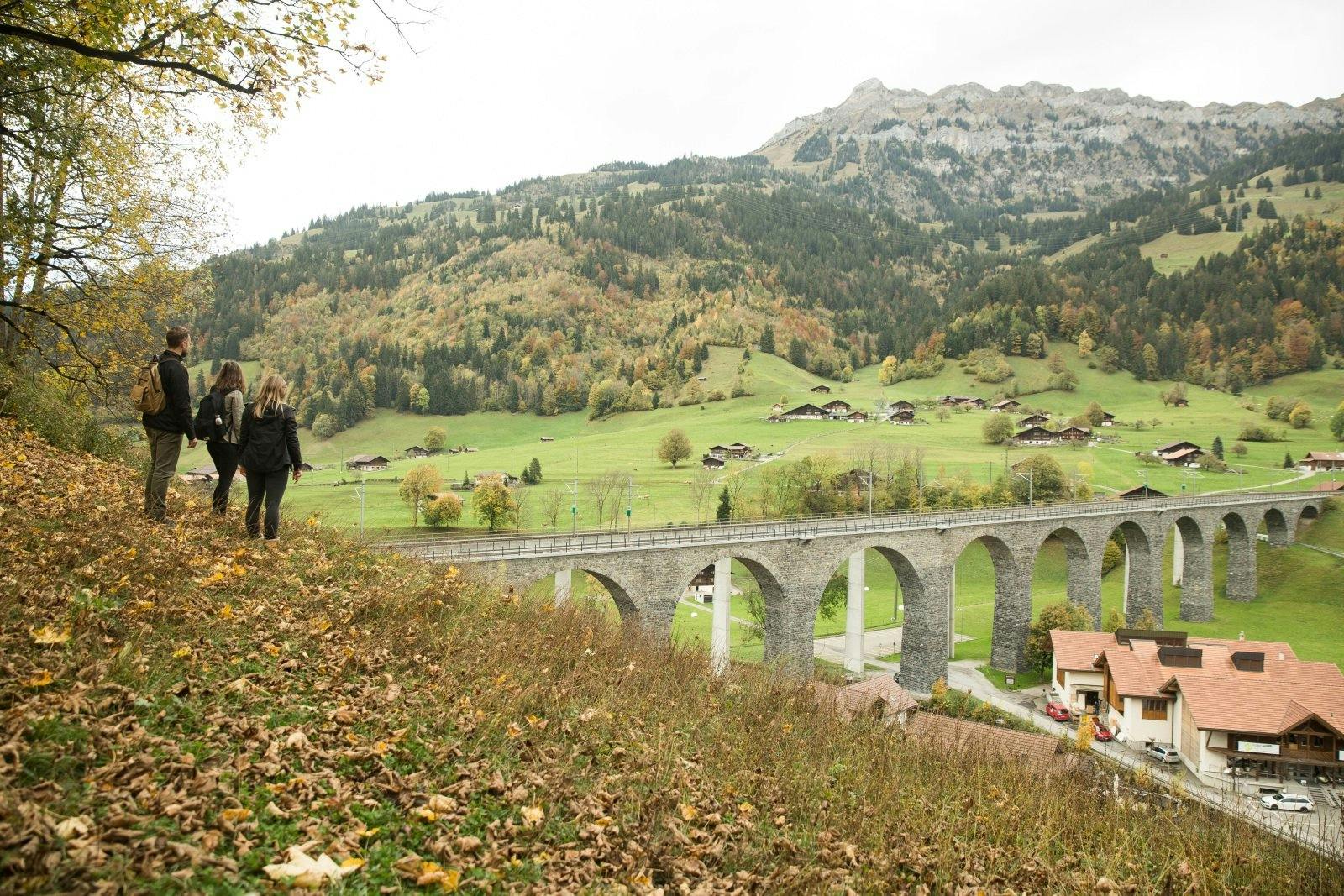 Geniesse einen beeindruckenden Ausblick auf Viadukte und Kehrtunnels.