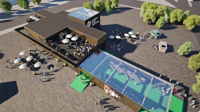 Eine Visualisierung des neuen Festivalzentrums 2024.