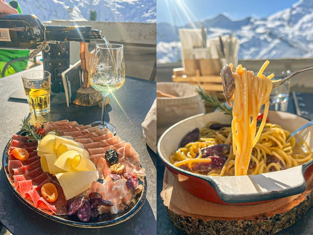 Je commence par une assiette valaisanne pour reprendre des forces, puis je commande des Glaffni Spaghetti, des «spaghettis ivres». Pas étonnant, car ils sont cuits dans du vin blanc, avant d’être mélangés avec du fromage fondu. Un vrai délice! Je commence par une assiette valaisanne pour reprendre des forces, puis je commande des Glaffni Spaghetti, des «spaghettis ivres». Pas étonnant, car ils sont cuits dans du vin blanc, avant d’être mélangés avec du fromage fondu. Un vrai délice!