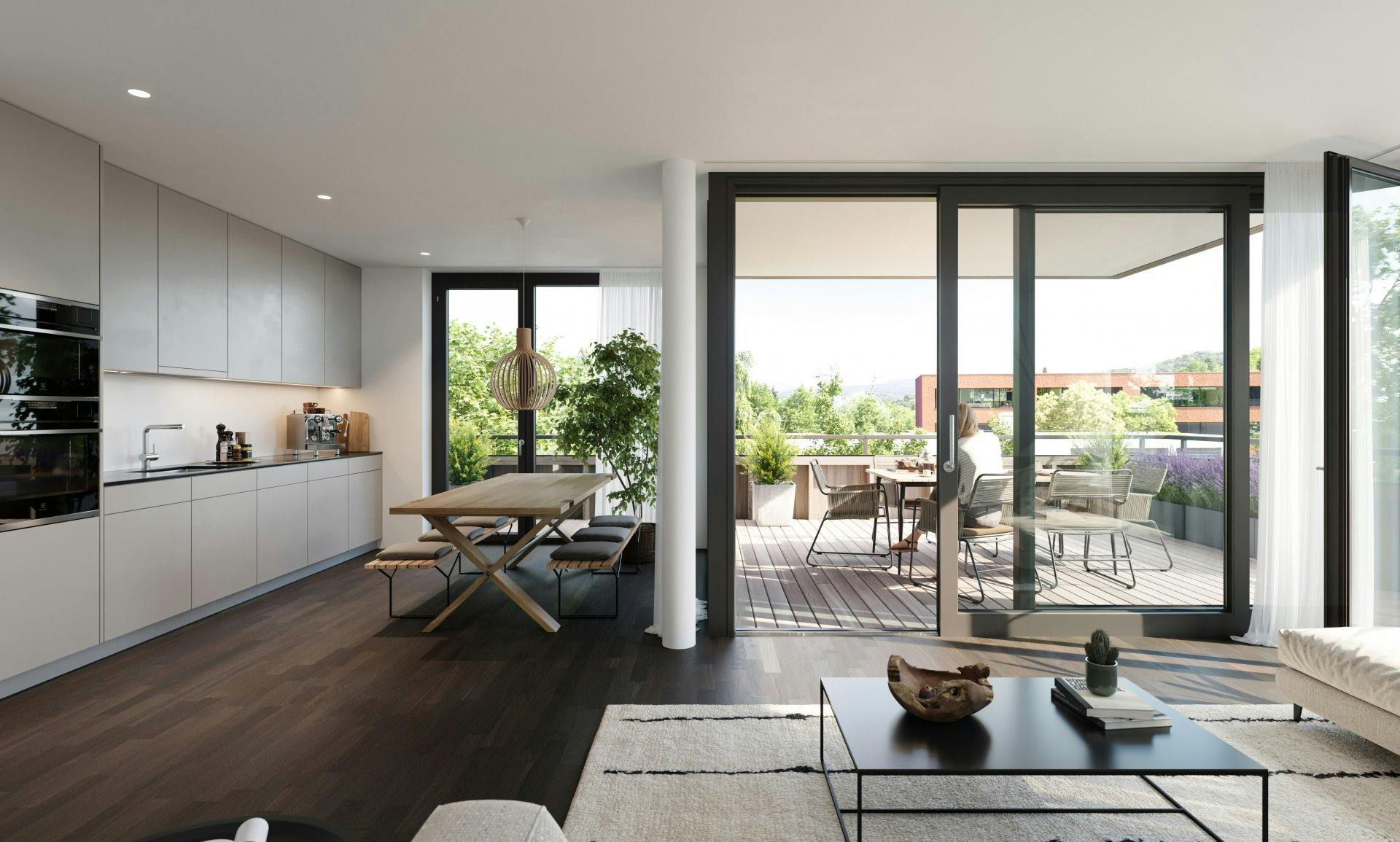 Alle Wohnungen verfügen über grosszügige Terrassen oder Loggien, die einen freien Blick in die grüne Umgebung gewähren.