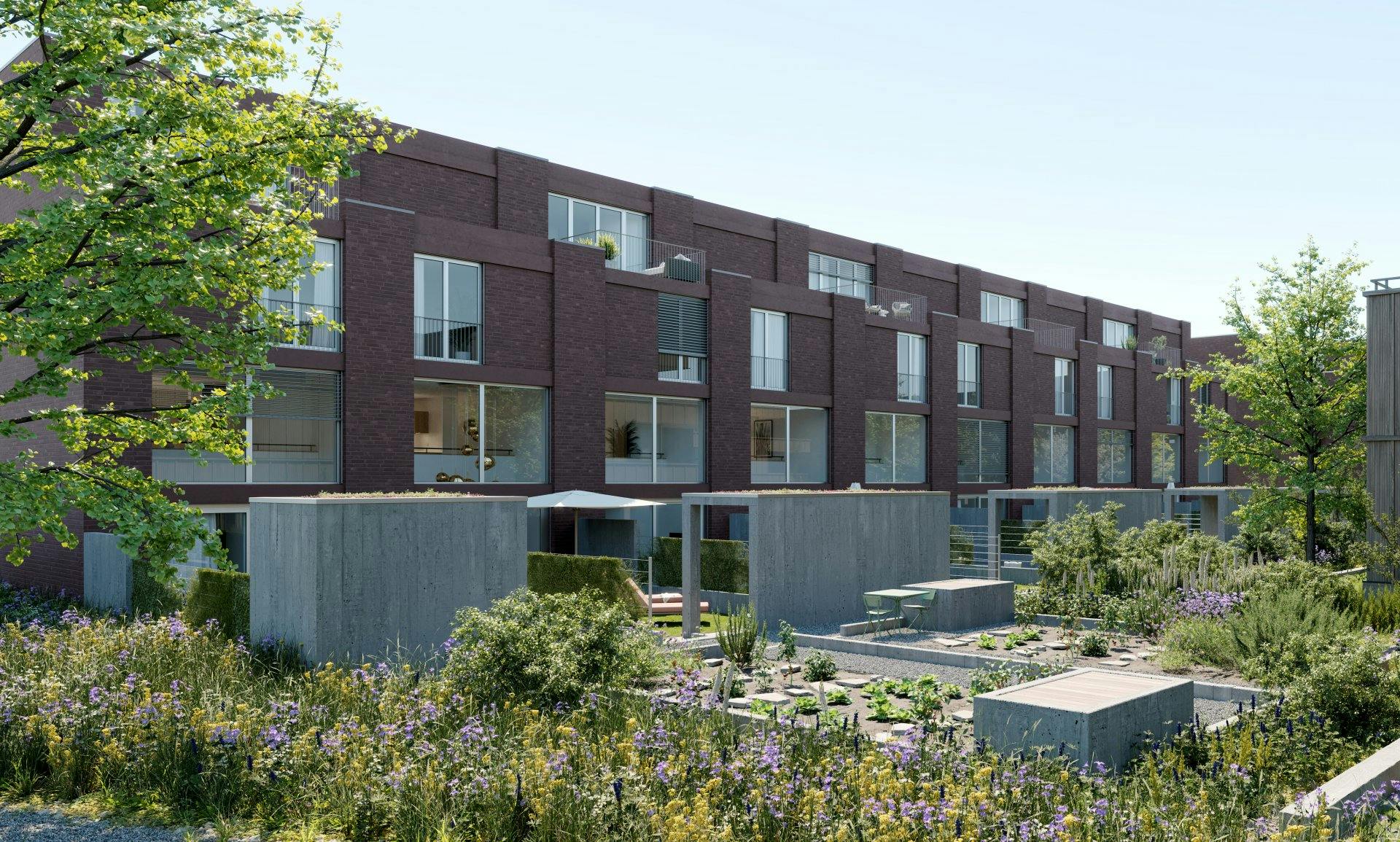 Jedes Reihenhaus besitzt einen Privatgarten mit Sitzplatz der zum Verweilen einlädt. Wer gerne Gemüse anbaut, kann eine zusätzliche Pflanzfläche miete...