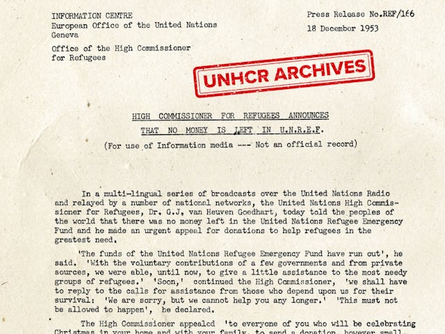 Pressemitteilung aus dem Jahr
1953 aus den UNHCR Archiven. Die Schweiz hat auf den Hilferuf geantwortet. Pressemitteilung aus dem Jahr
1953 aus den UNHCR Archiven. Die Schweiz hat auf den Hilferuf geantwortet.