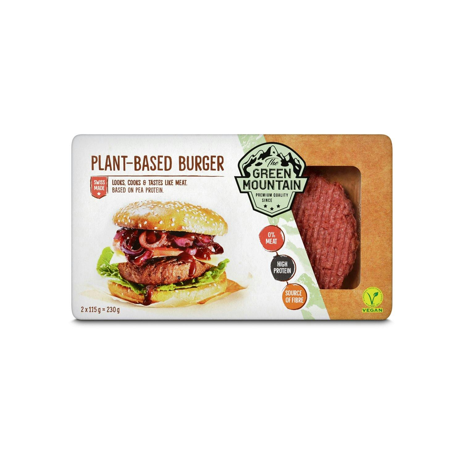 Un burger juteux sans viande? Mais oui! Fabriqué en Suisse, le Green Mountain Burger est confectionné à base de protéines de petits pois.