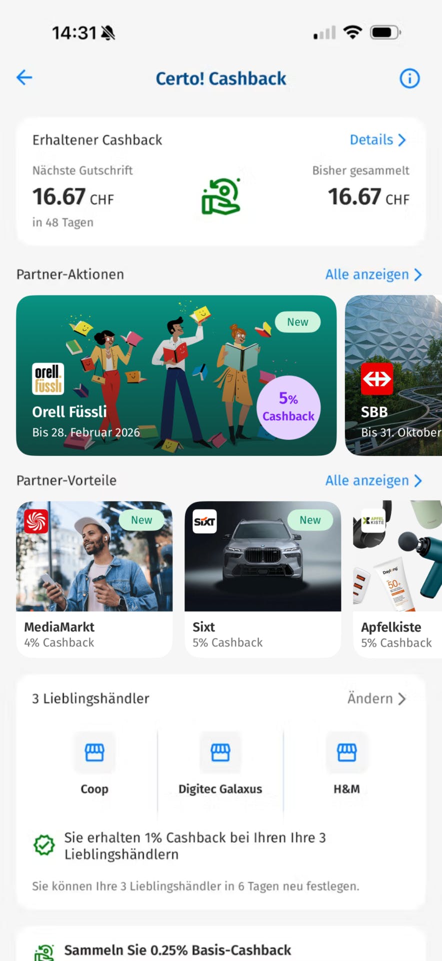 In einer Woche sammle ich 16,67 Franken Cashback.