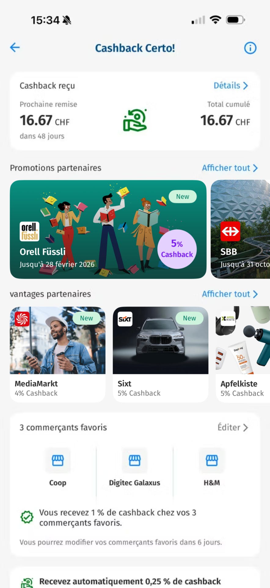 En une semaine, j’ai accumulé 16,67 francs de cashback.