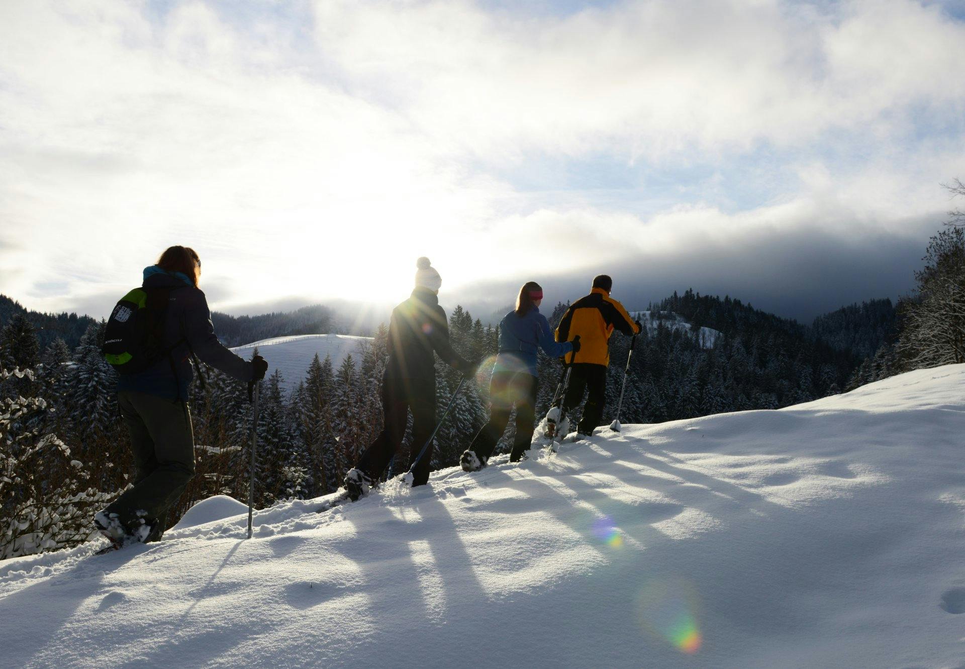 Gemeinsam durch die Napflandschaft erlebst du auf den Schneeschuhtrails ab Luthern Bad Winterzauber pur.