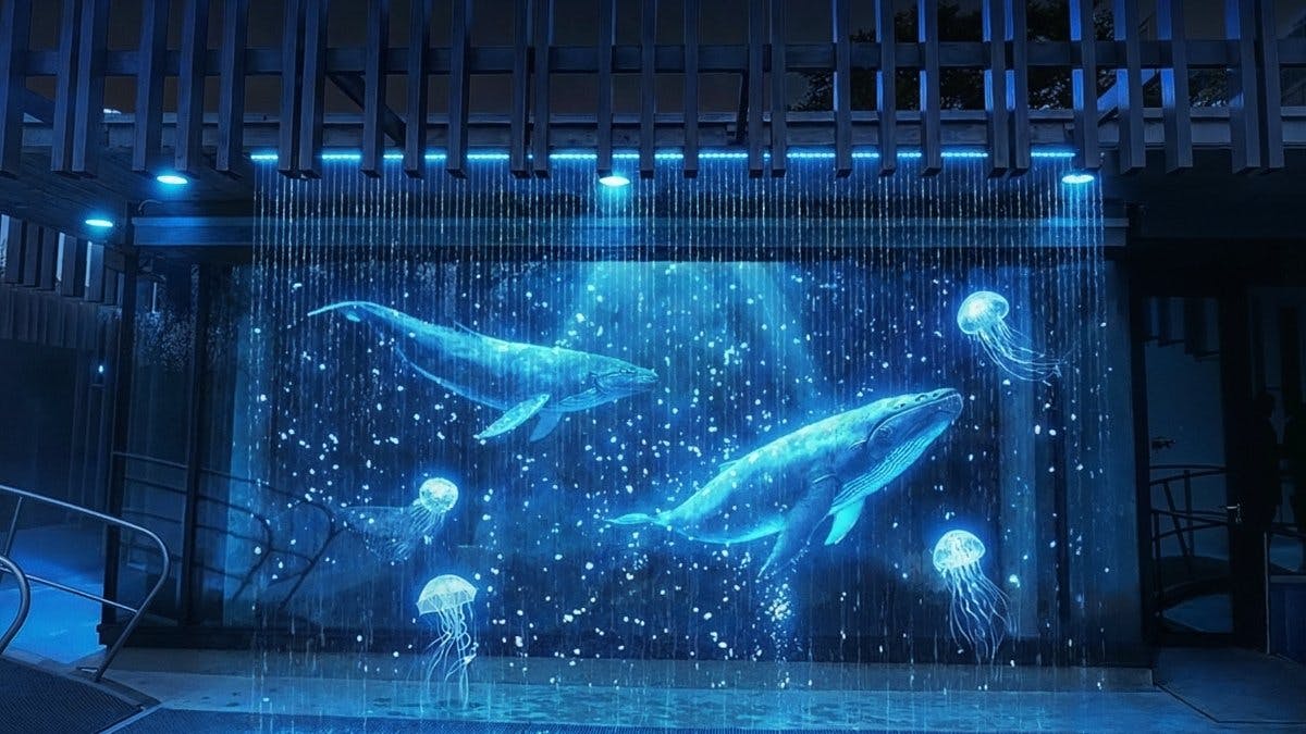 Un véritable mur d’eau, utilisé comme surface de projection, donne de la profondeur et un effet spectaculaire aux images.