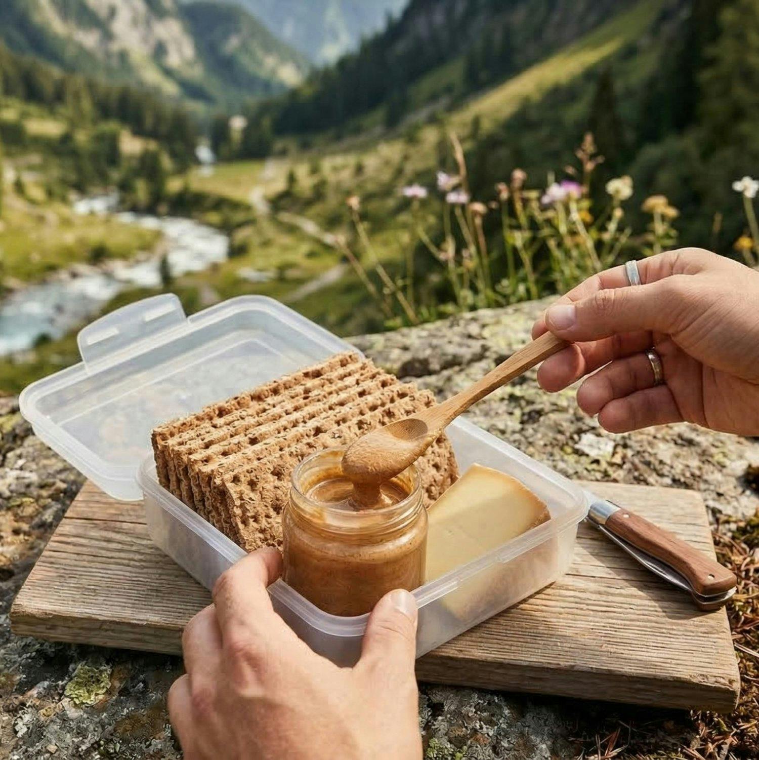 Für unterwegs: Knäckebrot-Snackbox mit Protein+ und einem Hartkäse oder Nussmus dazu.
