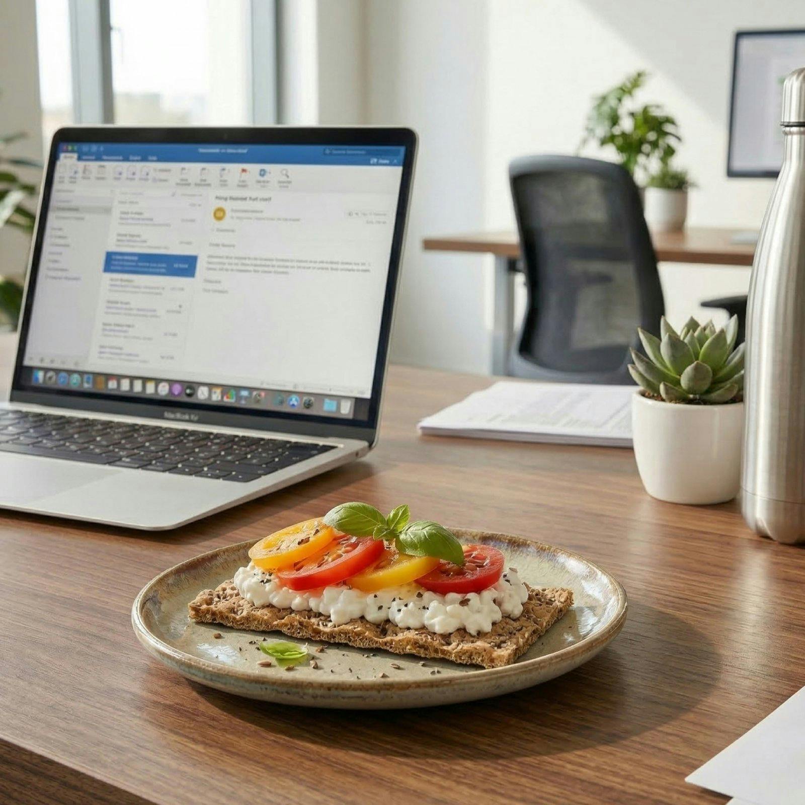 Im Büro: Eine Scheibe Wasa Protein+ mit Hüttenkäse und Tomaten für ein ausgewogenes Quick-Frühstück.