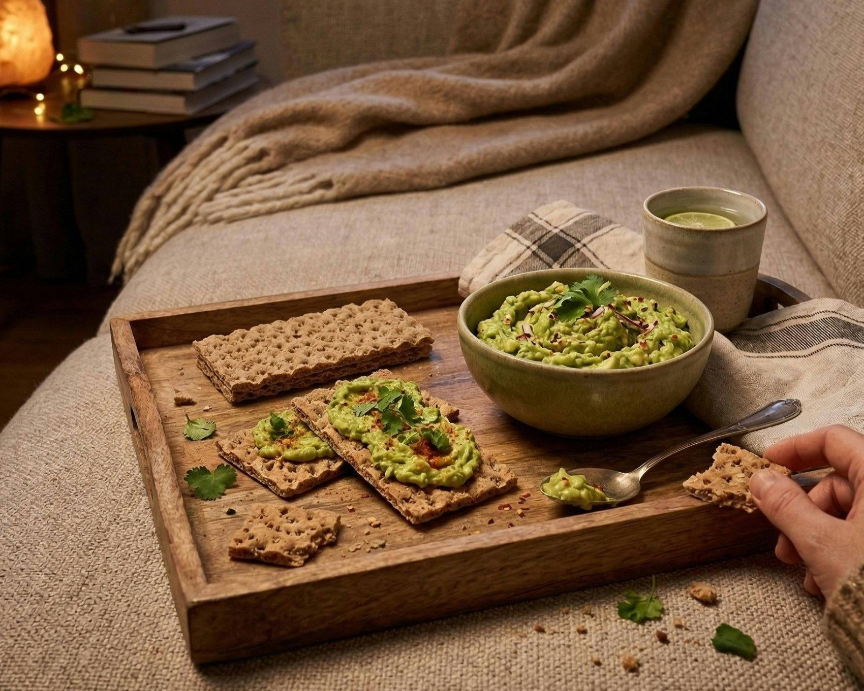 Zu Hause: Abend-Snack mit Wasa Protein+ und Avocado-Dip.