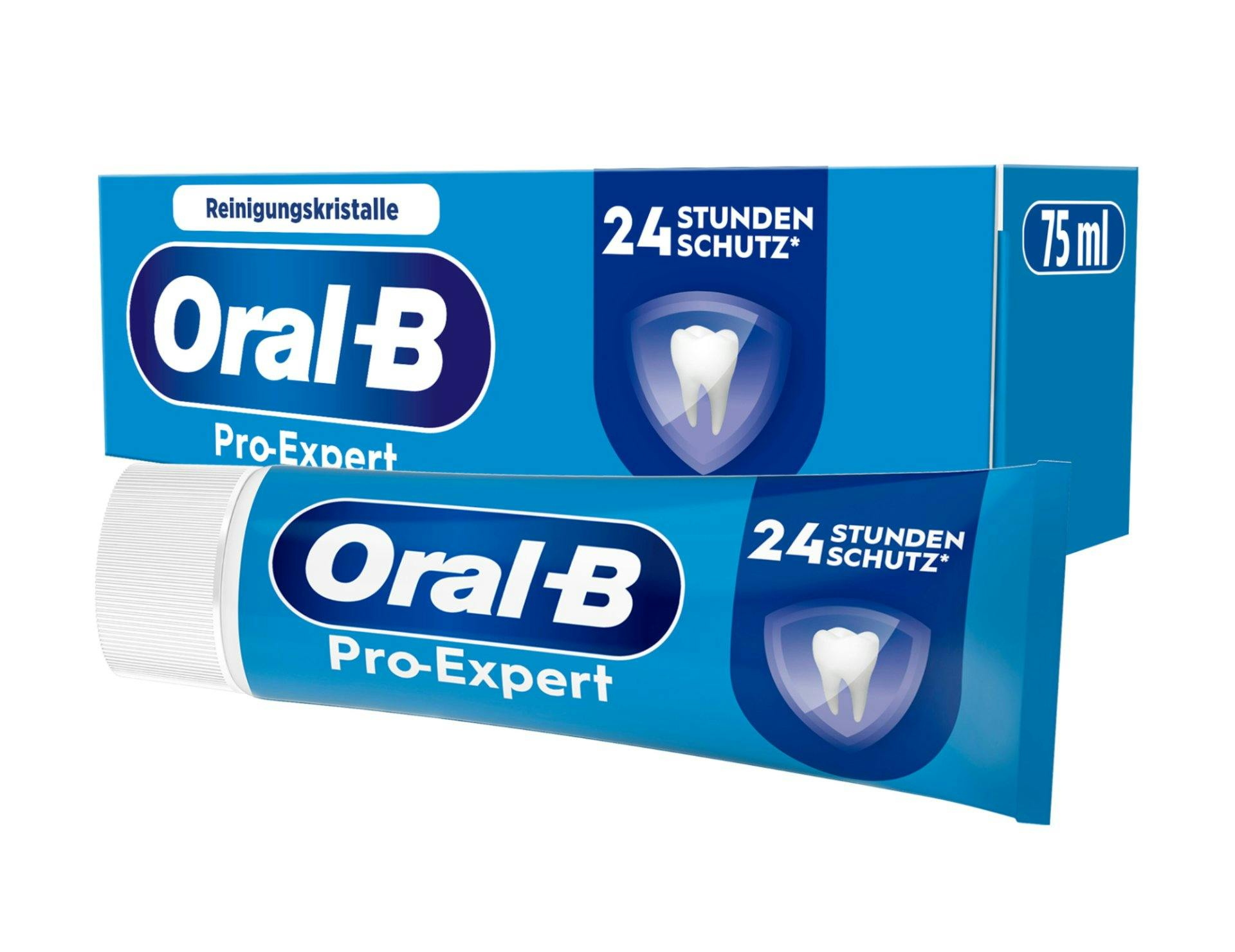 Die Oral-B Pro-Expert Professioneller Schutz Zahnpasta mit Reinigungskristallen bildet dank Stannous-Fluorid-Komplex einen Schutzschild gegen bakterie...