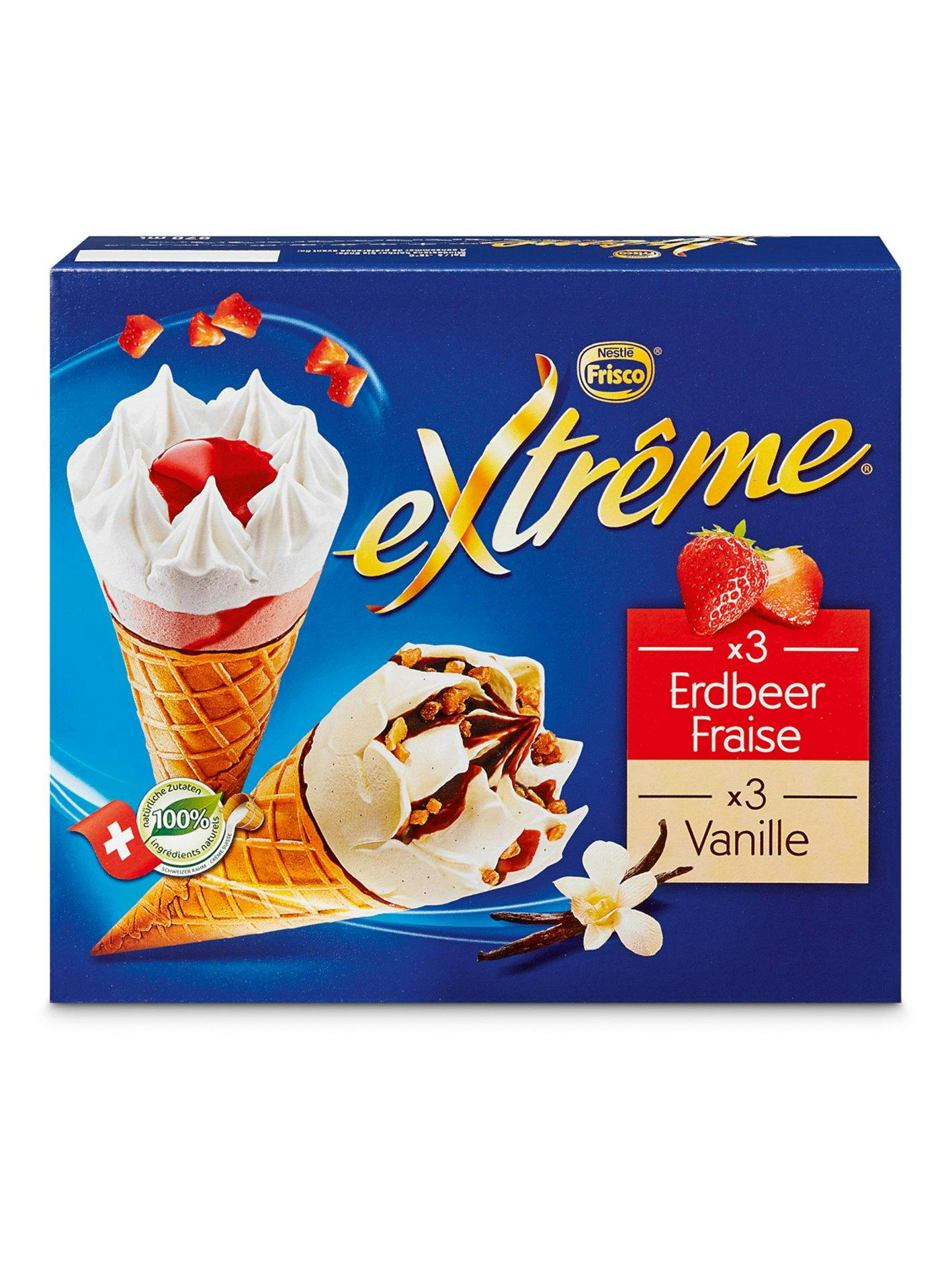 Kühlfaktor: Frisco Extrême Cornets Erdbeer & Vanille assortiert, 6 Stück, 9.90 Franken, bei Coop.