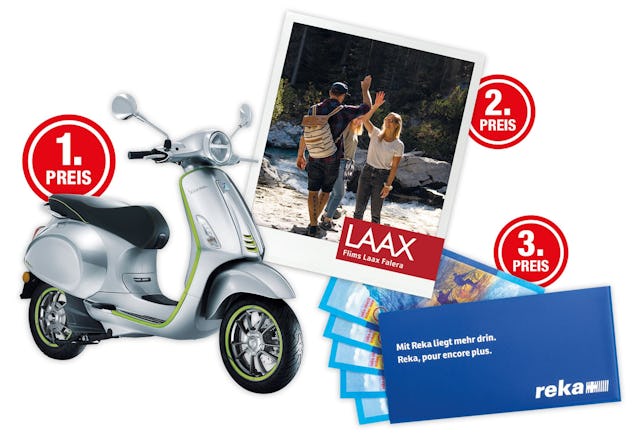 Mitmachen lohnt sich! Gewinne eine Vespa Elettrica, ein Sommer-Wochenende in Flims Laax Falera oder praktische Reka-Checks: Die drei ersten Preise.