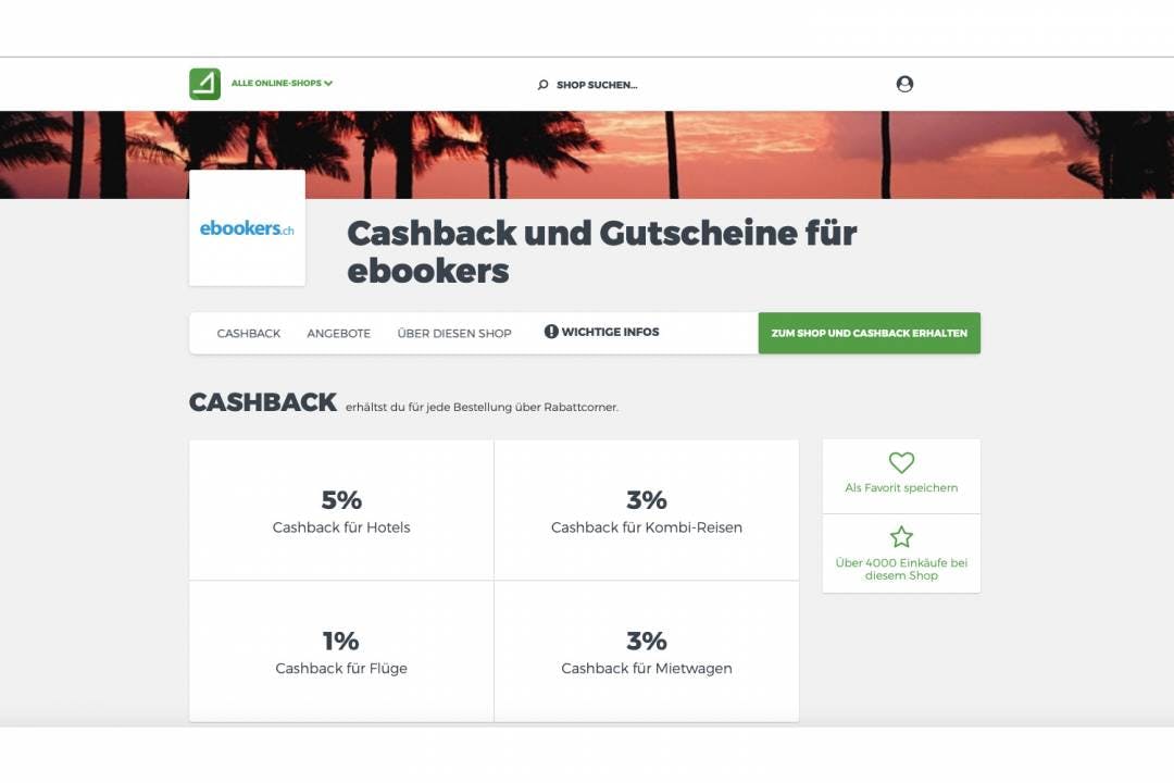 Anschliessend zeigt Rabattcorner dir die verfügbaren Gutscheincodes und Cashback-Rates. Nun kannst du den Cashback aktivieren...
