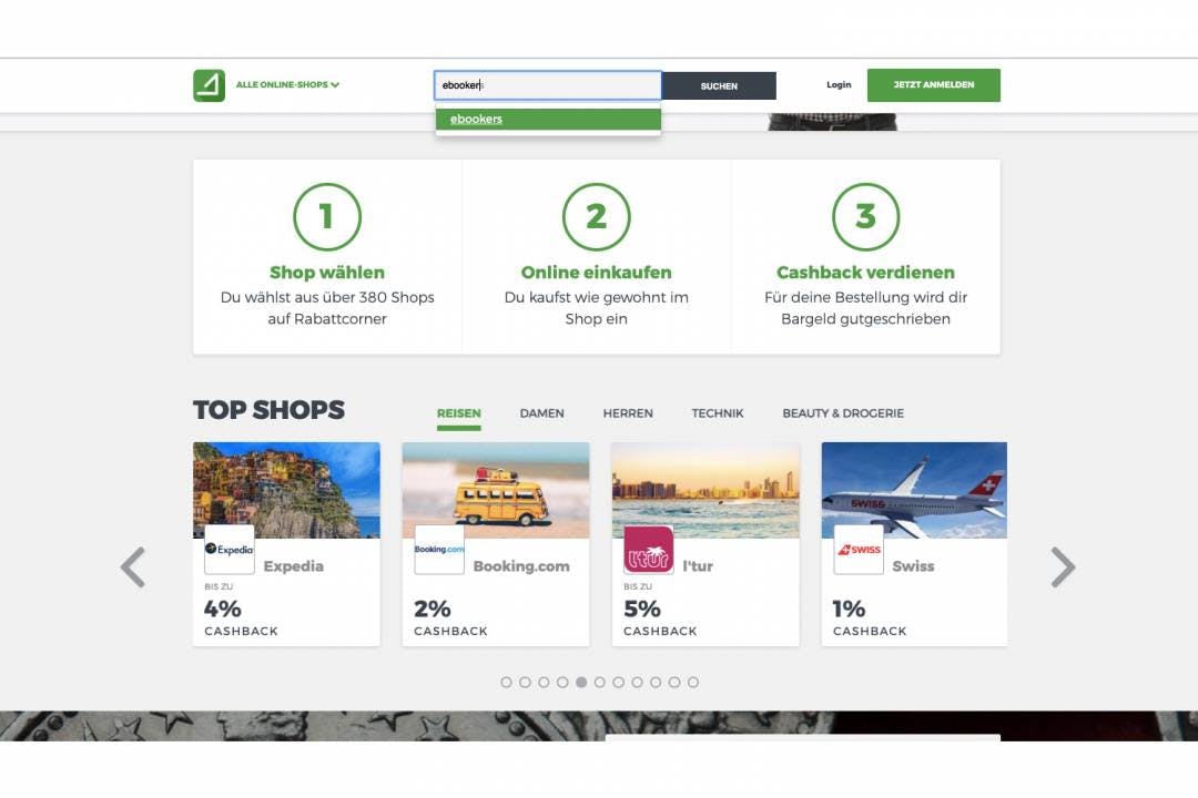 Wähle den Online-Shop deiner Wahl. Dabei sind beispielsweise ABOUT YOU, ebookers, Sunrise und viele mehr.