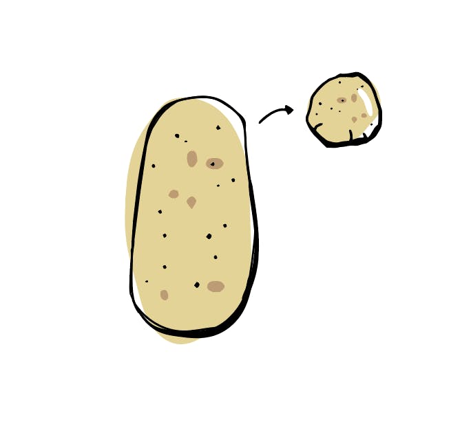 ¼ für den Kopf abschneiden, zu einer Kugel formen und zur Seite legen.