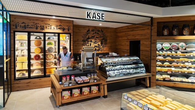 Käselaibe werden für höchsten aromatischen Genuss noch eine Weile im Humidor gereift: Käsetheke im Migros Drachen-Center.
