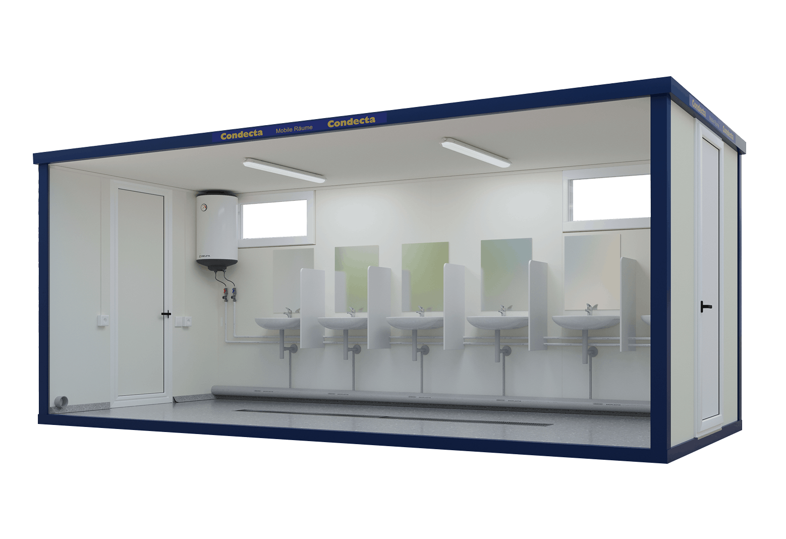 Condecta Mobil-Raumsystem mit zwölf Hygienelavabostationen