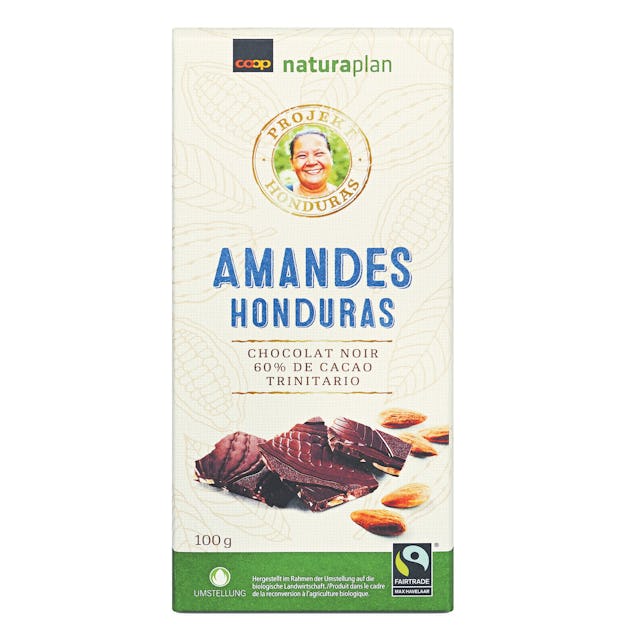 Équitable: chocolat aux amandes avec 60% de cacao, Honduras, Naturaplan Bio Fairtrade, 
2 fr. 70,