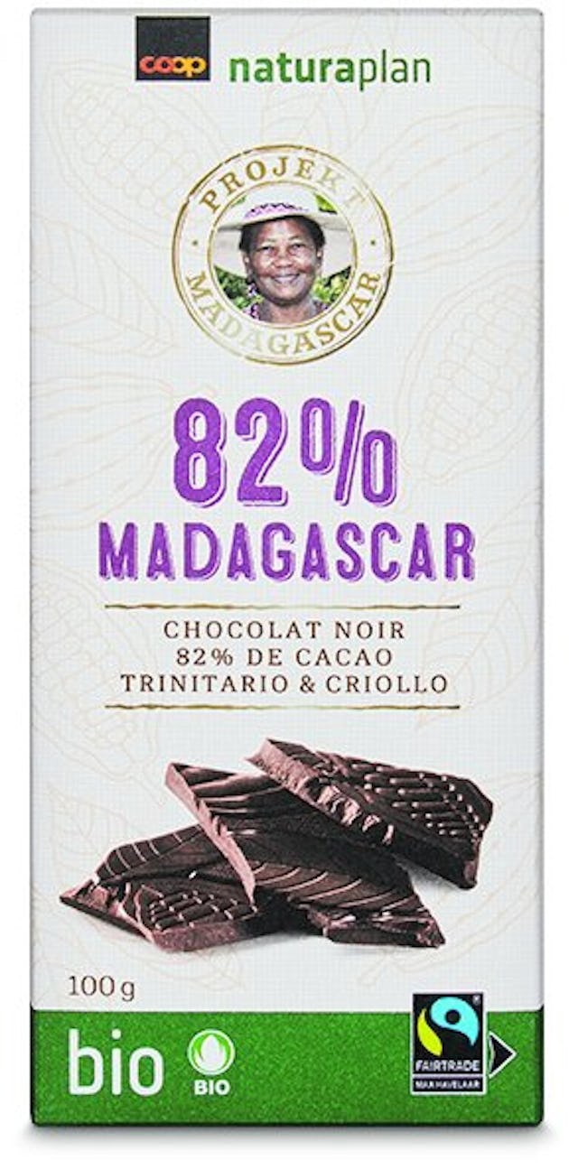 Équitable: plaque de chocolat
Coop Naturaplan, 82% cacao
de Madagascar, bio Fairtrade,
2 fr. 70,