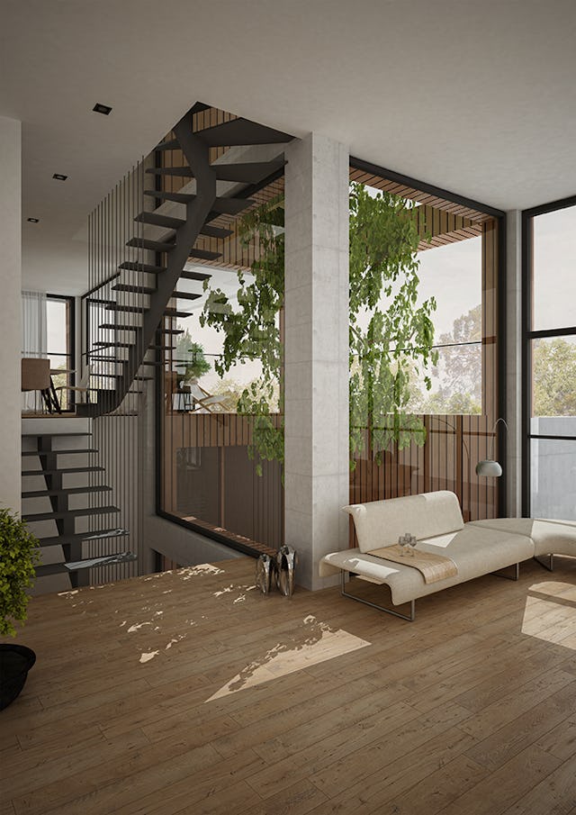 Durch das grosszügige Atrium entsteht ein lichtdurchfluteter Wohnraum.