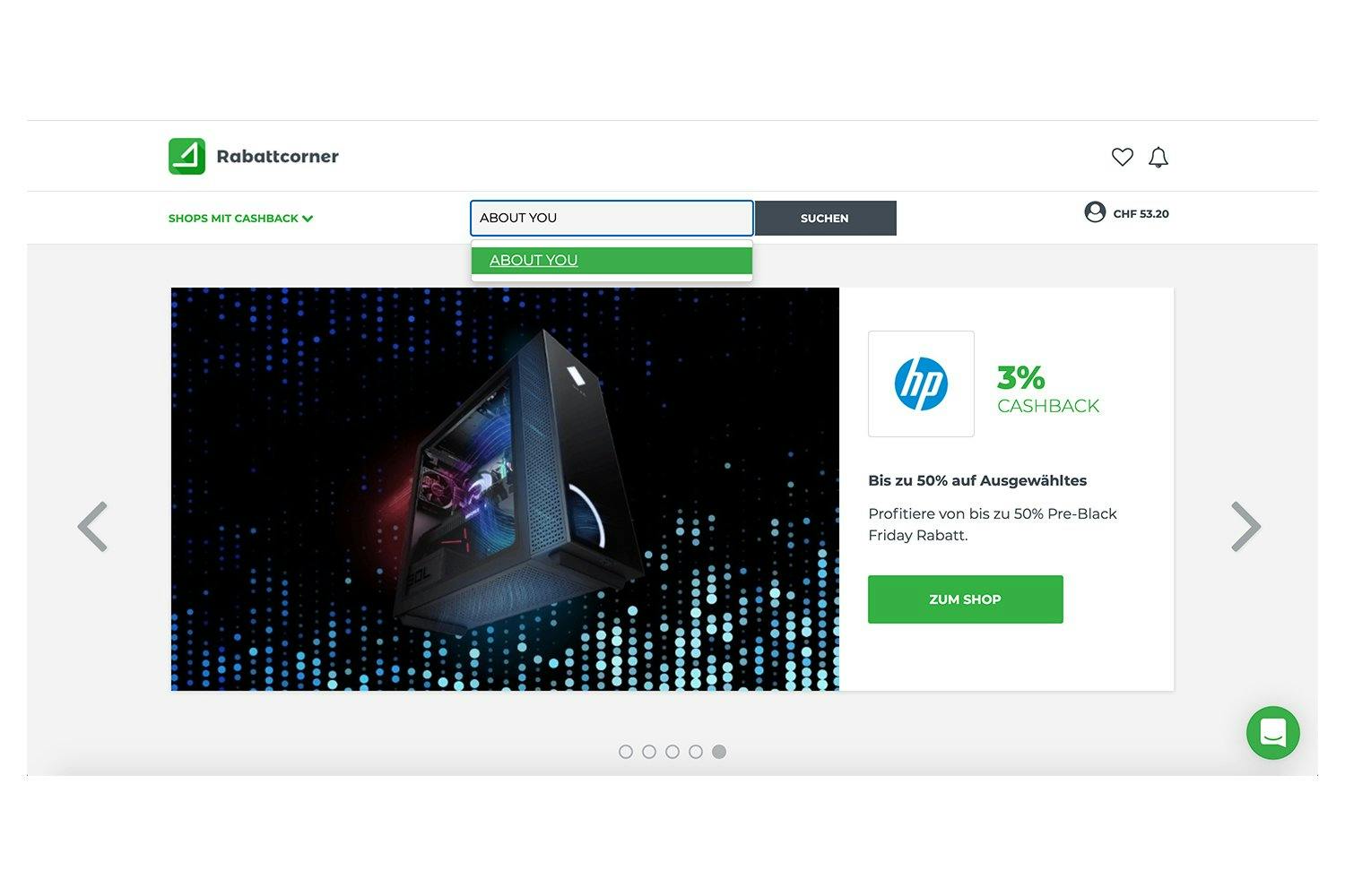So profitierst du von Cashback: Wähle den Online-Shop deiner Wahl. Dabei sind beispielsweise AliExpress, ABOUT YOU, Philips, Micasa, ebookers u.v.m.